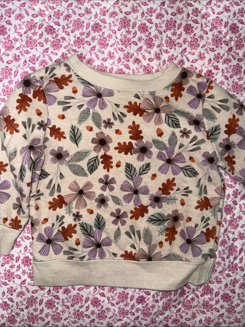 Garanimals Cream Floral Crewneck Sweater with Purple and Rust Accents 6-9M